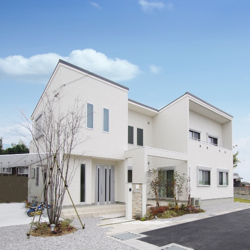 箱型のモダンでスッキリした外観デザイン <br>緑が似合う優しい白の家